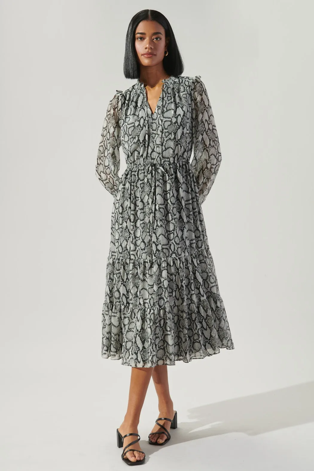 Alina Snake Print Tiered Midi Dress