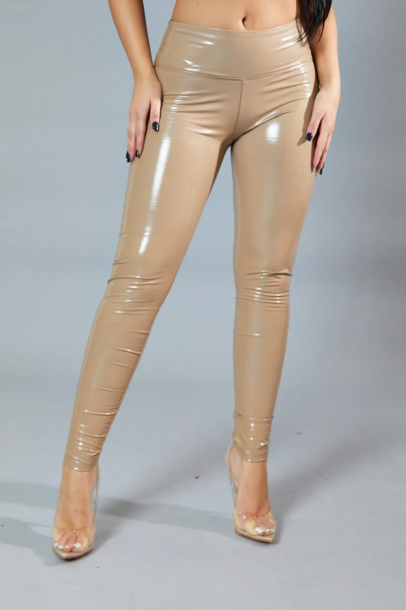 Beige Shiny Vinyl Pu Leggings - Kalai