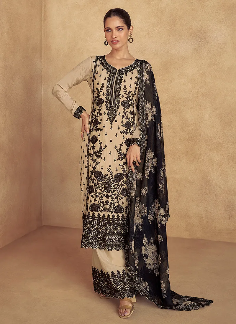 Beige Thread Embroidery Traditional Palazzo Suit