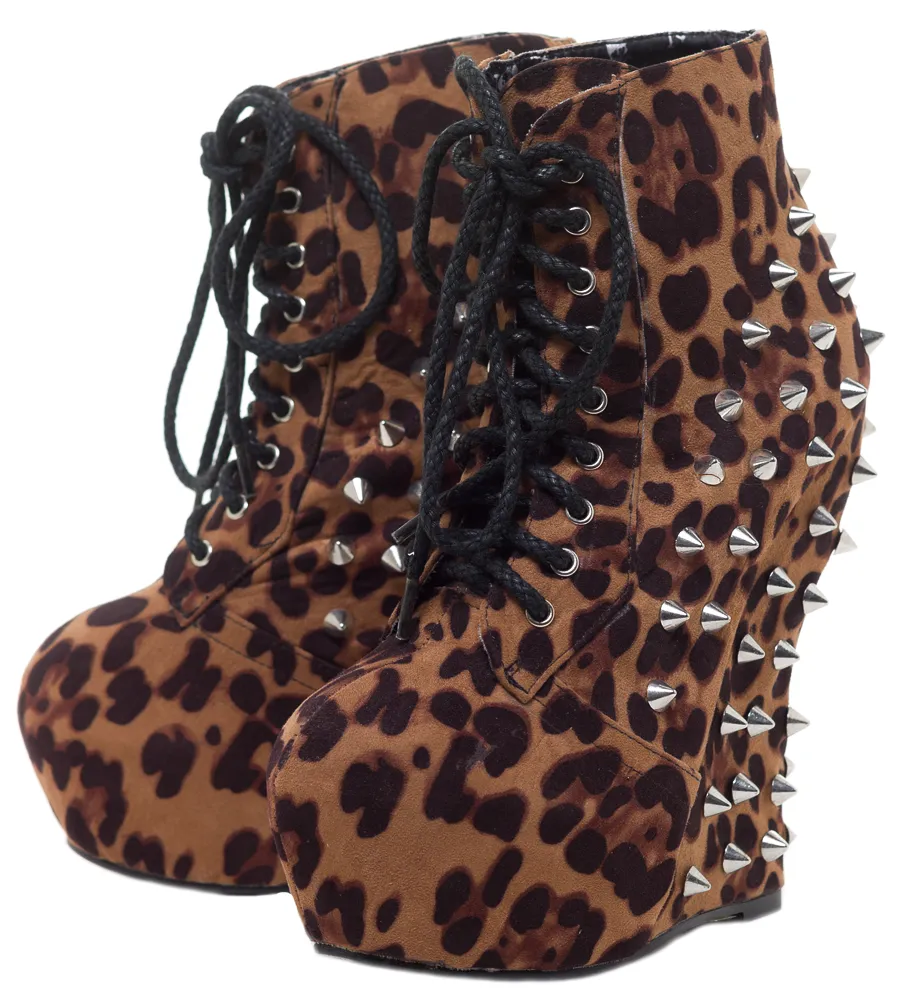 BETTIE PAGE BELLADONNA LEOPARD SPIKED ANKLE BOOTS