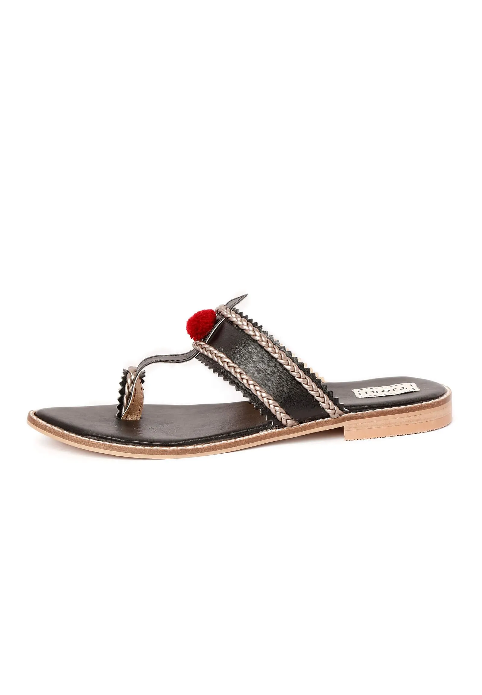 Black & Silver Cruelty Free Leather Sandals with Red Pom Poms