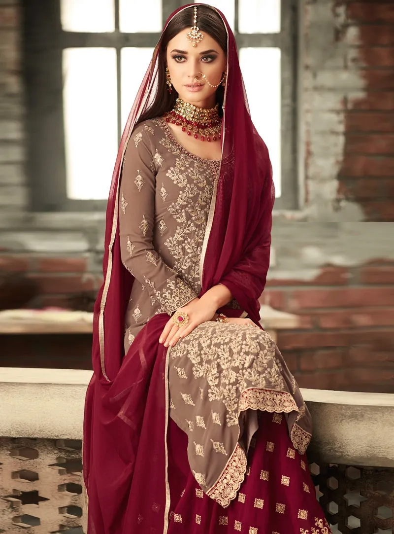 Brown And Red Traditional Embroidered Palazzo Suit