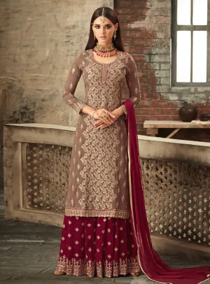 Brown And Red Traditional Embroidered Palazzo Suit