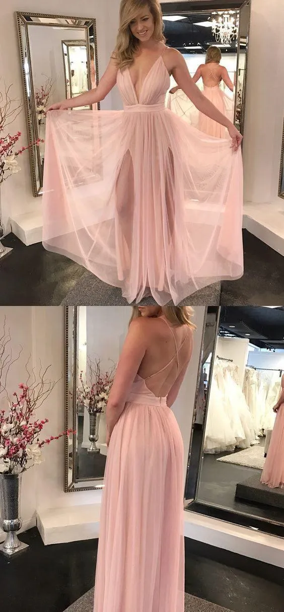 Charming A Line V Neck Backless Chiffon Slit Pink Long Prom Dresses PG710