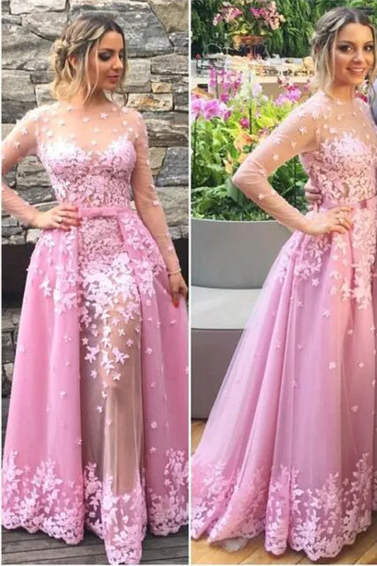 Charming Lavender Floral Long Sleeves Prom Dress,Party Prom Dresses With Appliques,SVD422