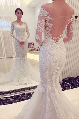 Charming Off The Shoulder Long Sleeves Lace Mermaid Wedding Dress WD018