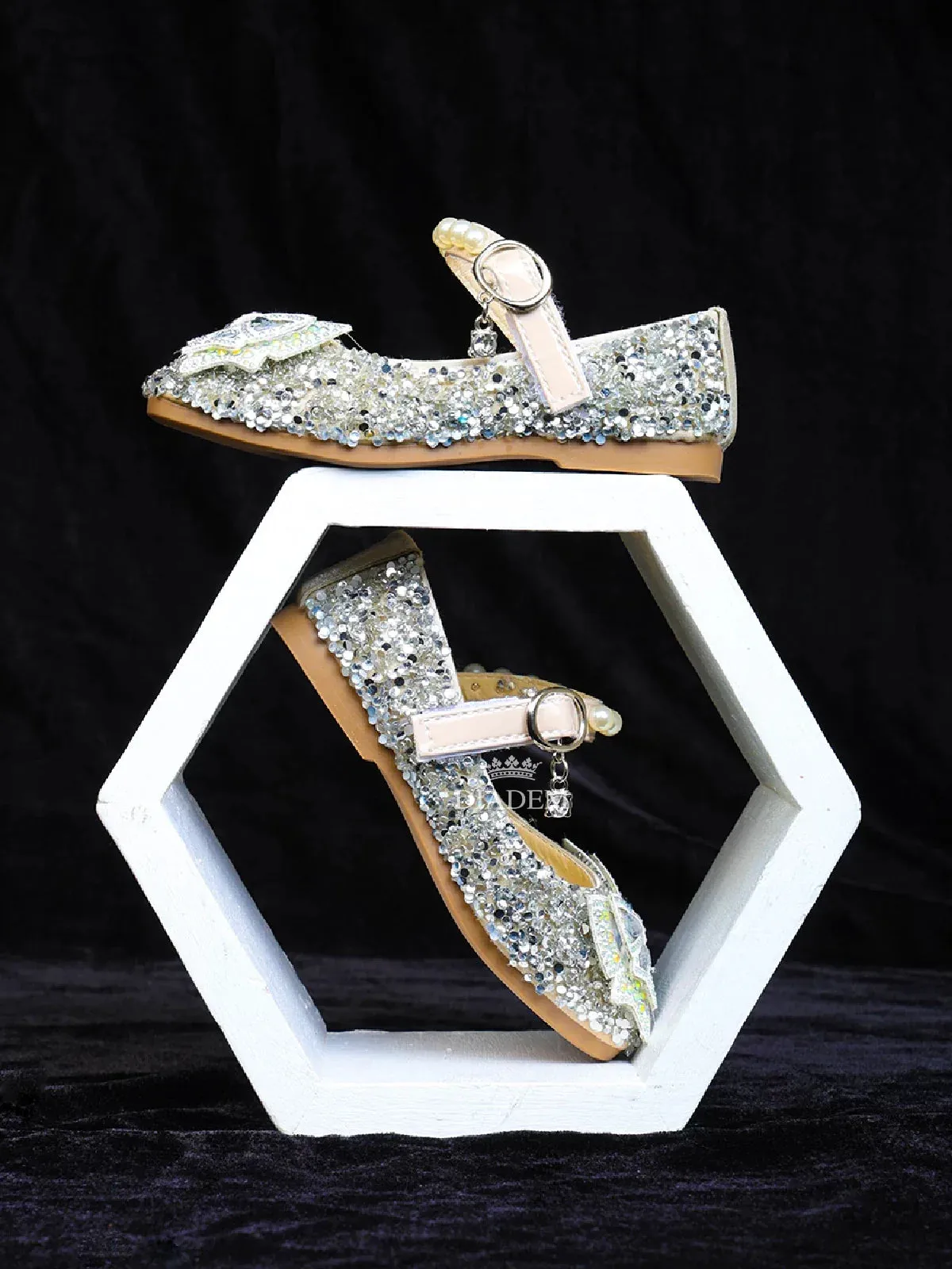 Cream Ballerinas Adorned with Stone work and a 3D Butterfly for Girls