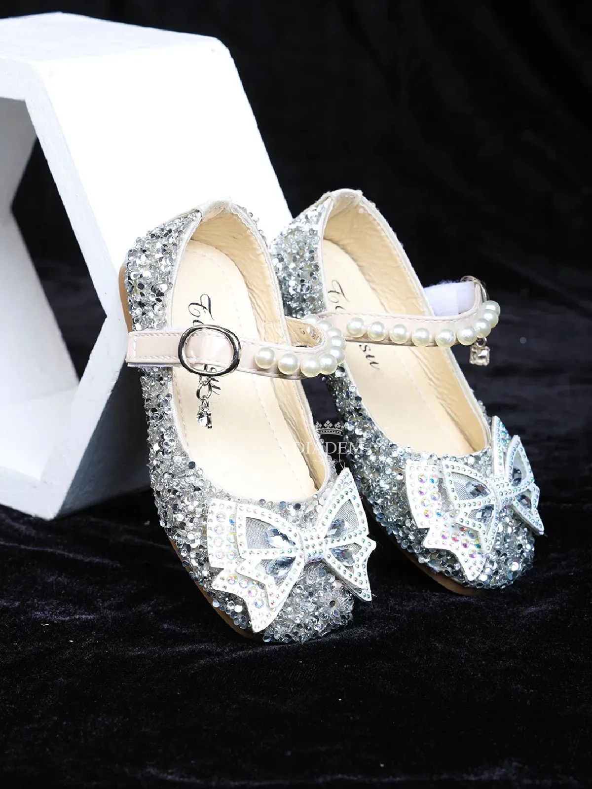 Cream Ballerinas Adorned with Stone work and a 3D Butterfly for Girls