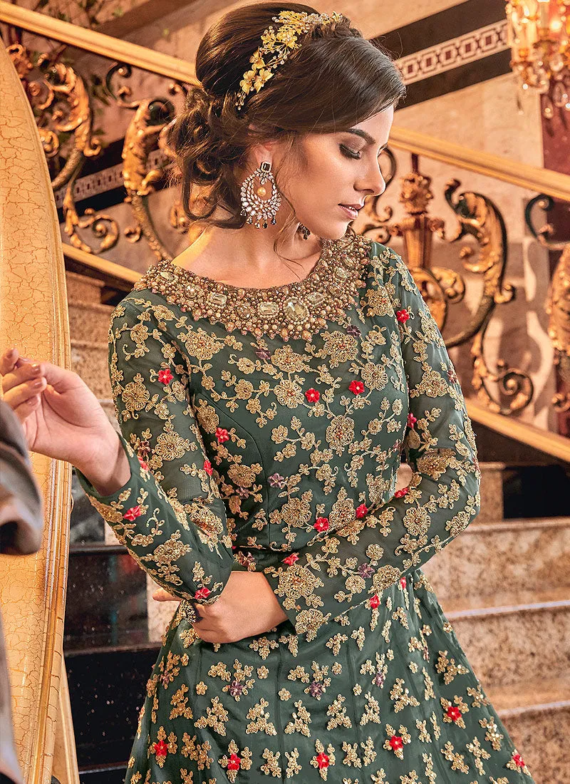 Dark Green Embroidered Designer Jacket Anarkali Suit