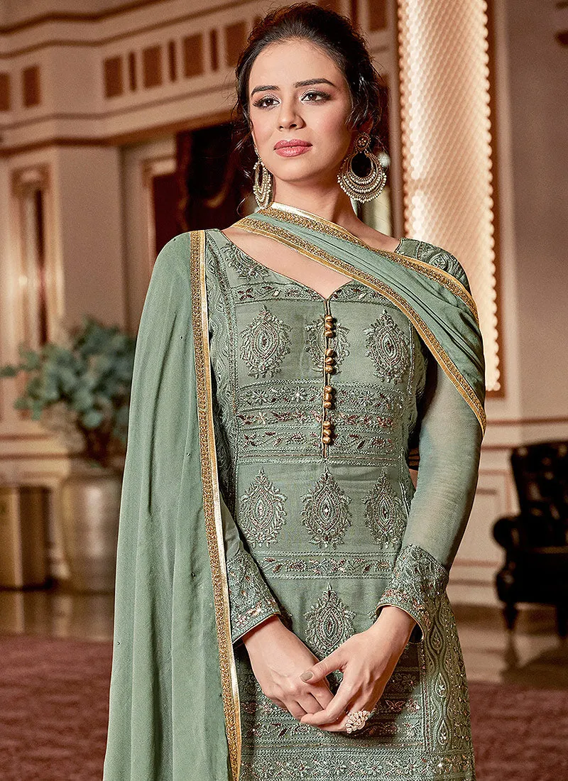 Deep Green Traditional Embroidered Georgette Sharara Suit