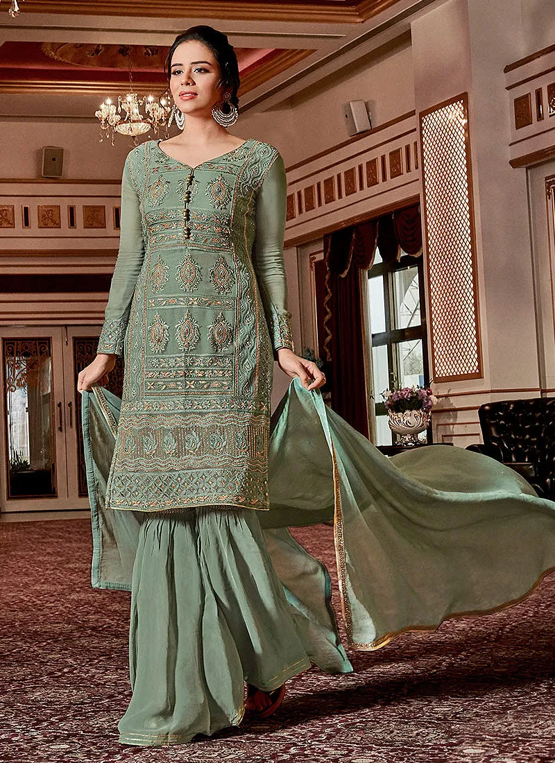 Deep Green Traditional Embroidered Georgette Sharara Suit