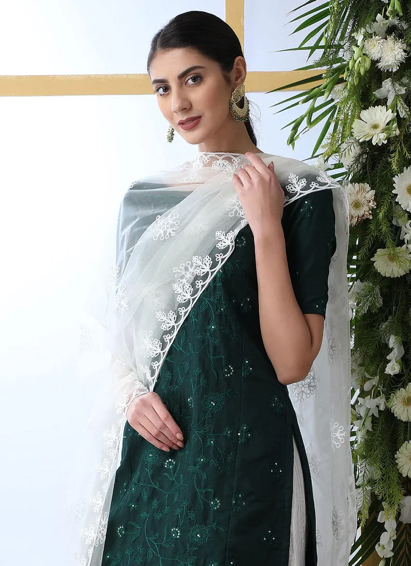 Green And White Embroidered Palazzo Style Suit