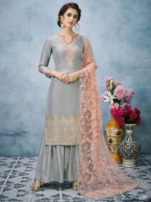 Grey And Peach Lucknowi Embroidered Ethnic Palazzo Suit