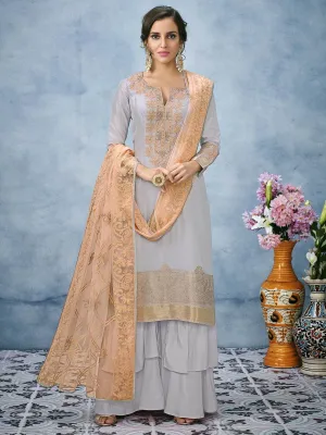 Light Blue And Orange Lucknowi Embroidered Ethnic Palazzo Suit