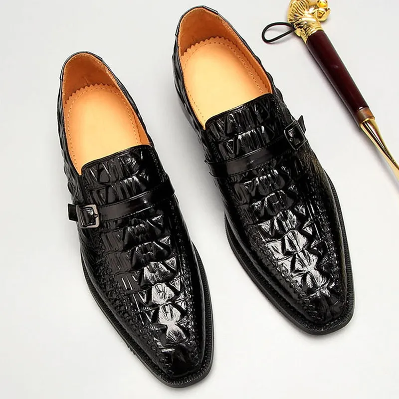 Luxury CrocLeather Buckle Strap Oxford Dress Shoes