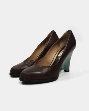 Marni Green Shiny Heel Brown Leather Heels 2000's