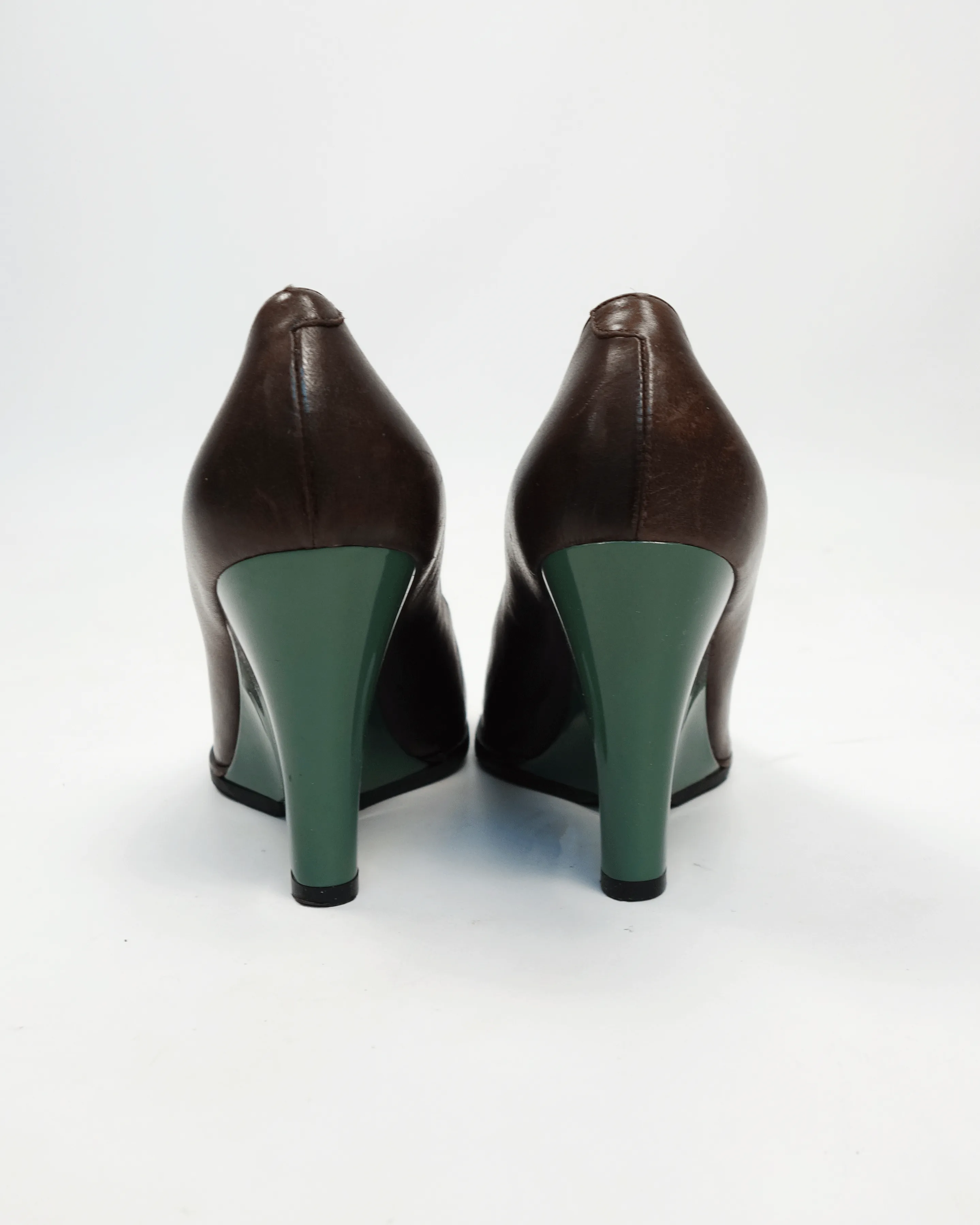 Marni Green Shiny Heel Brown Leather Heels 2000's