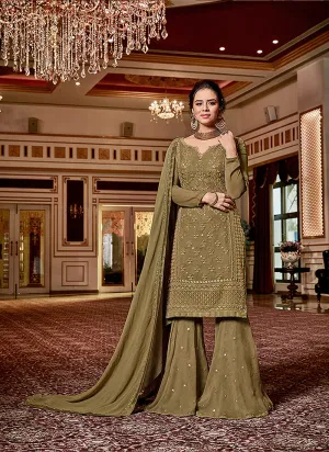 Olive Green Traditional Embroidered Georgette Sharara Suit