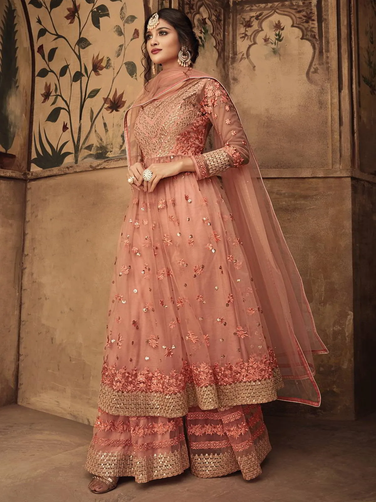 Peach Thread Embroidered Party Wear Sharara Suit