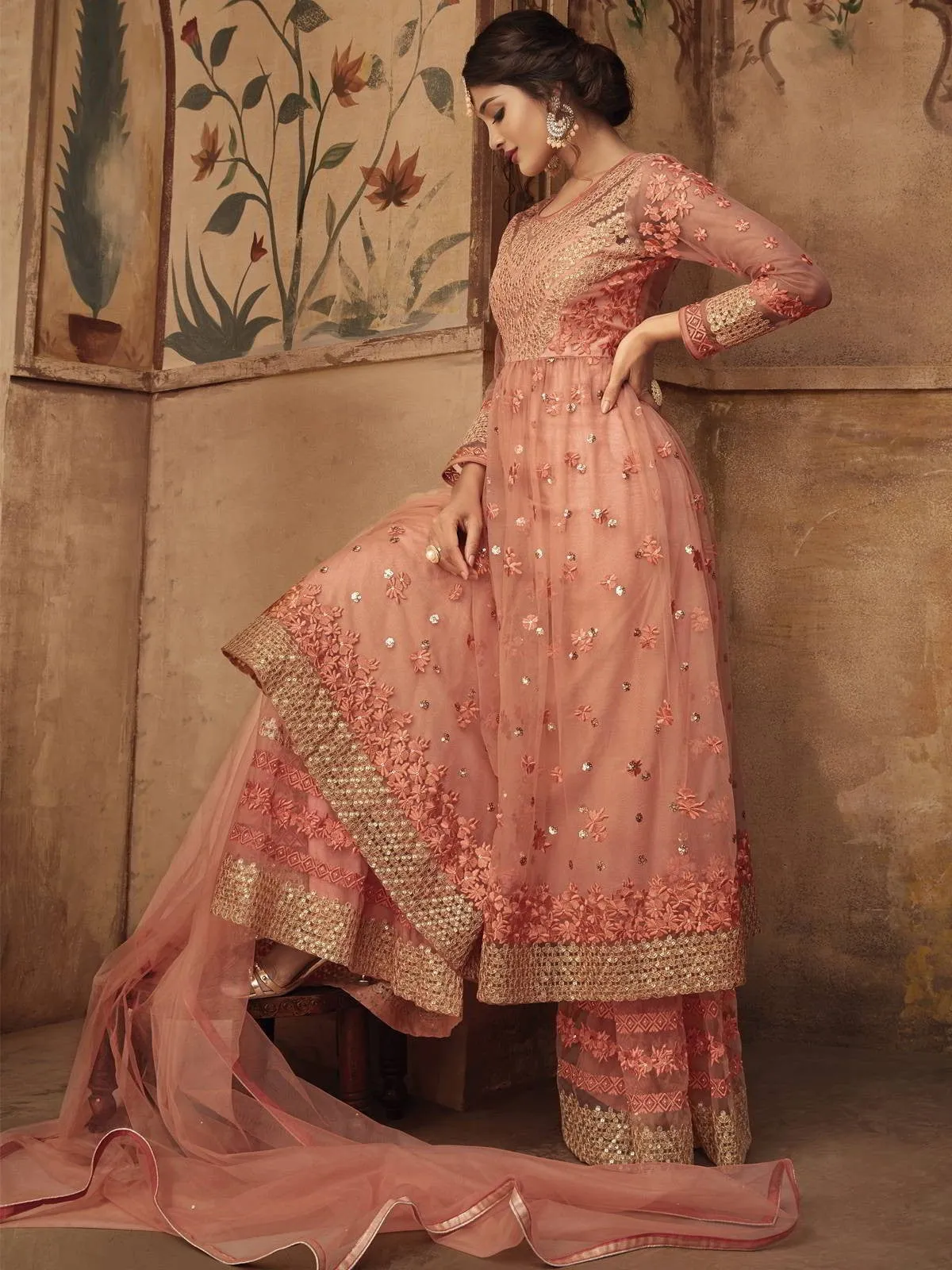 Peach Thread Embroidered Party Wear Sharara Suit