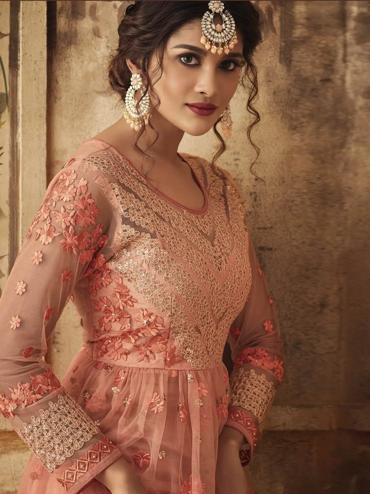 Peach Thread Embroidered Party Wear Sharara Suit