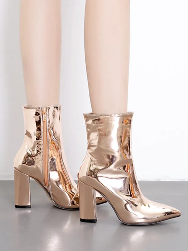 Pointed-Toe Shiny Split-Joint Boots Pumps