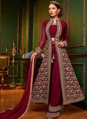 Red Rouge Ethnic Embroidered Jacket Style Palazzo Suit