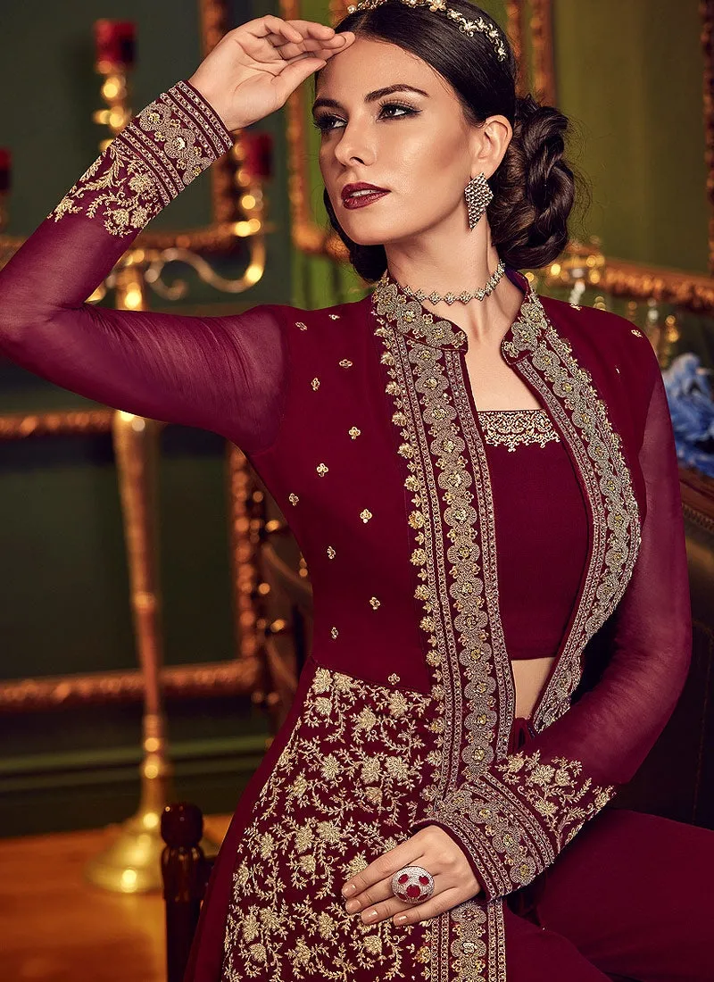 Red Rouge Ethnic Embroidered Jacket Style Palazzo Suit