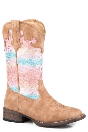 Roper Kids Girls Tan Multi Faux Leather Glitter Lace Cowboy Boots