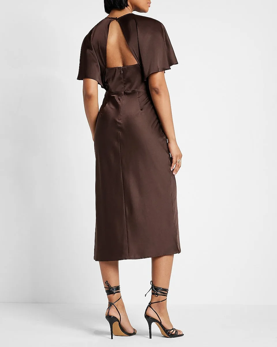 Satin Crew Neck Open Back Midi Dress in Espresso Brown