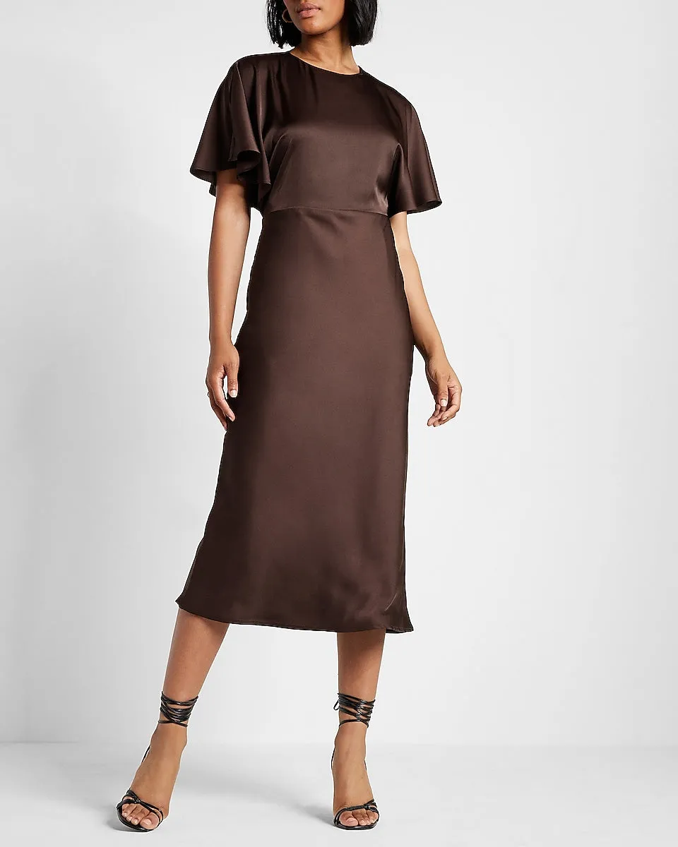 Satin Crew Neck Open Back Midi Dress in Espresso Brown