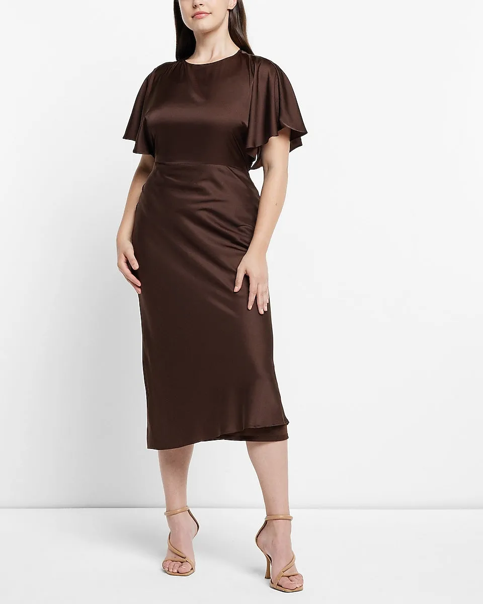 Satin Crew Neck Open Back Midi Dress in Espresso Brown