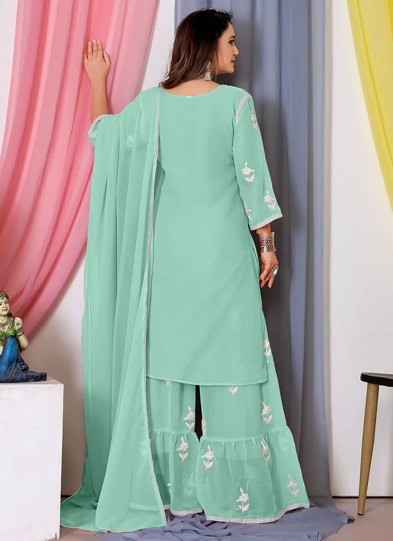 Sea Green Lucknowi Thread Embroidery Palazzo Suit