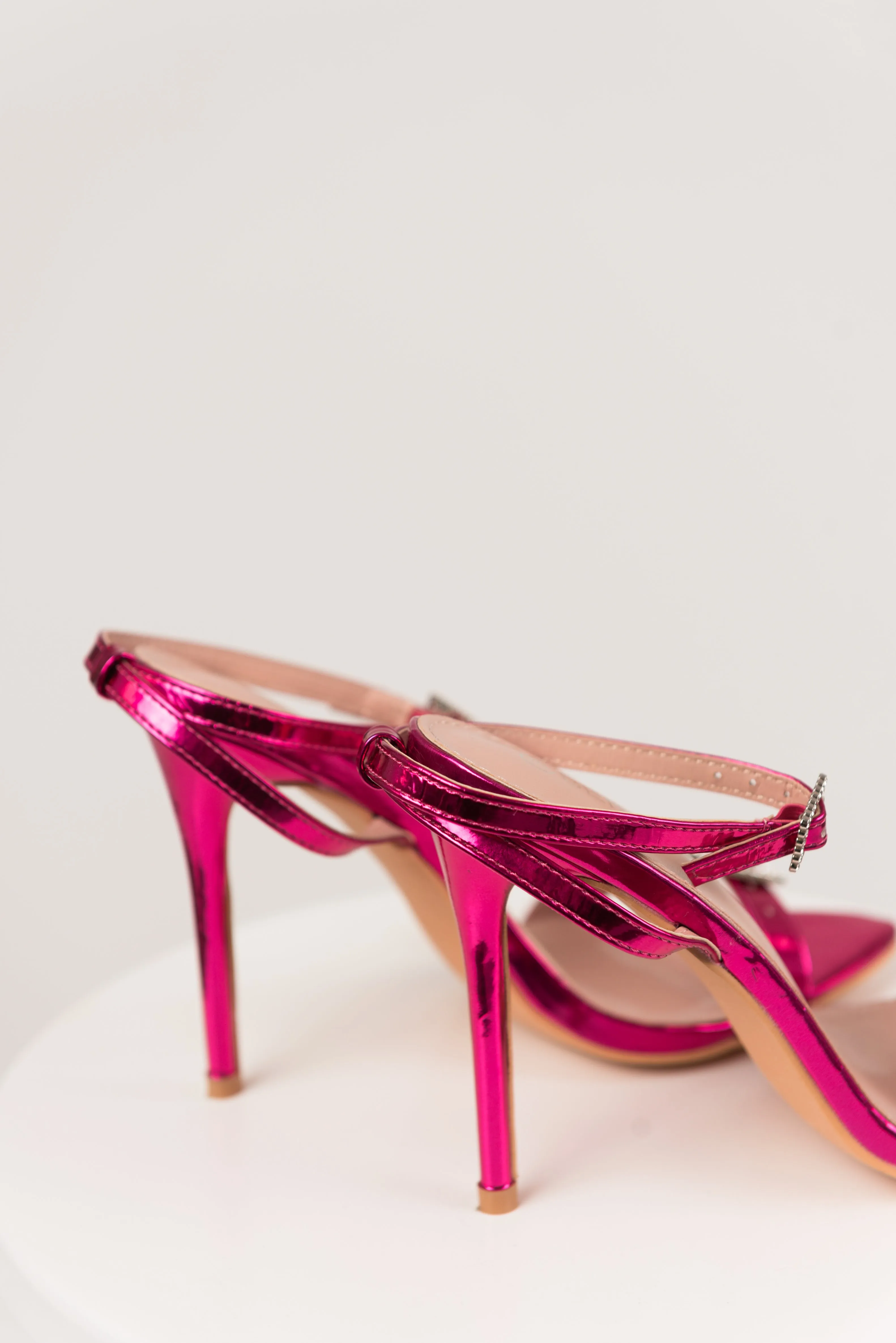 Shiny Magenta Rhinestone Buckle Strap Heels