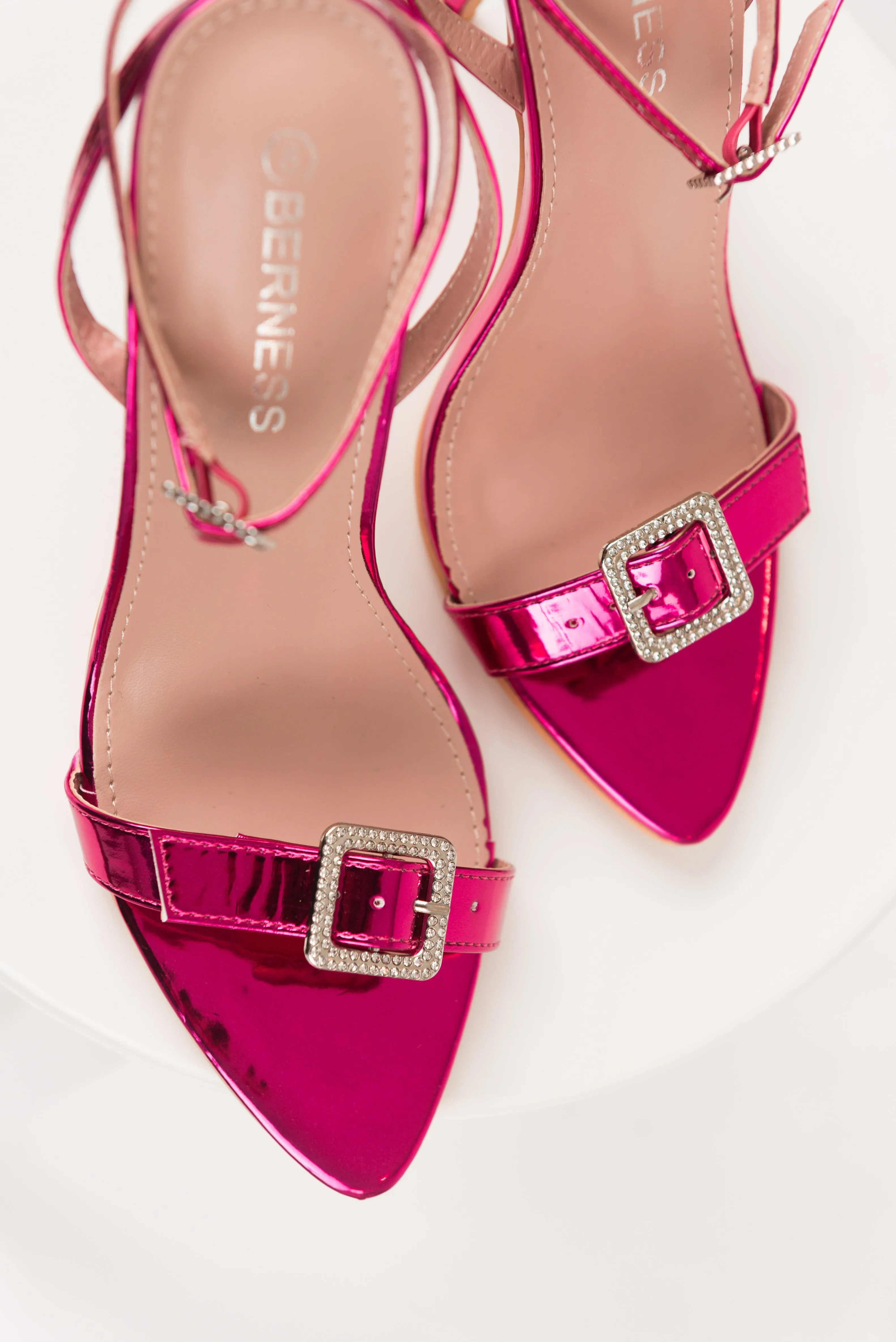 Shiny Magenta Rhinestone Buckle Strap Heels