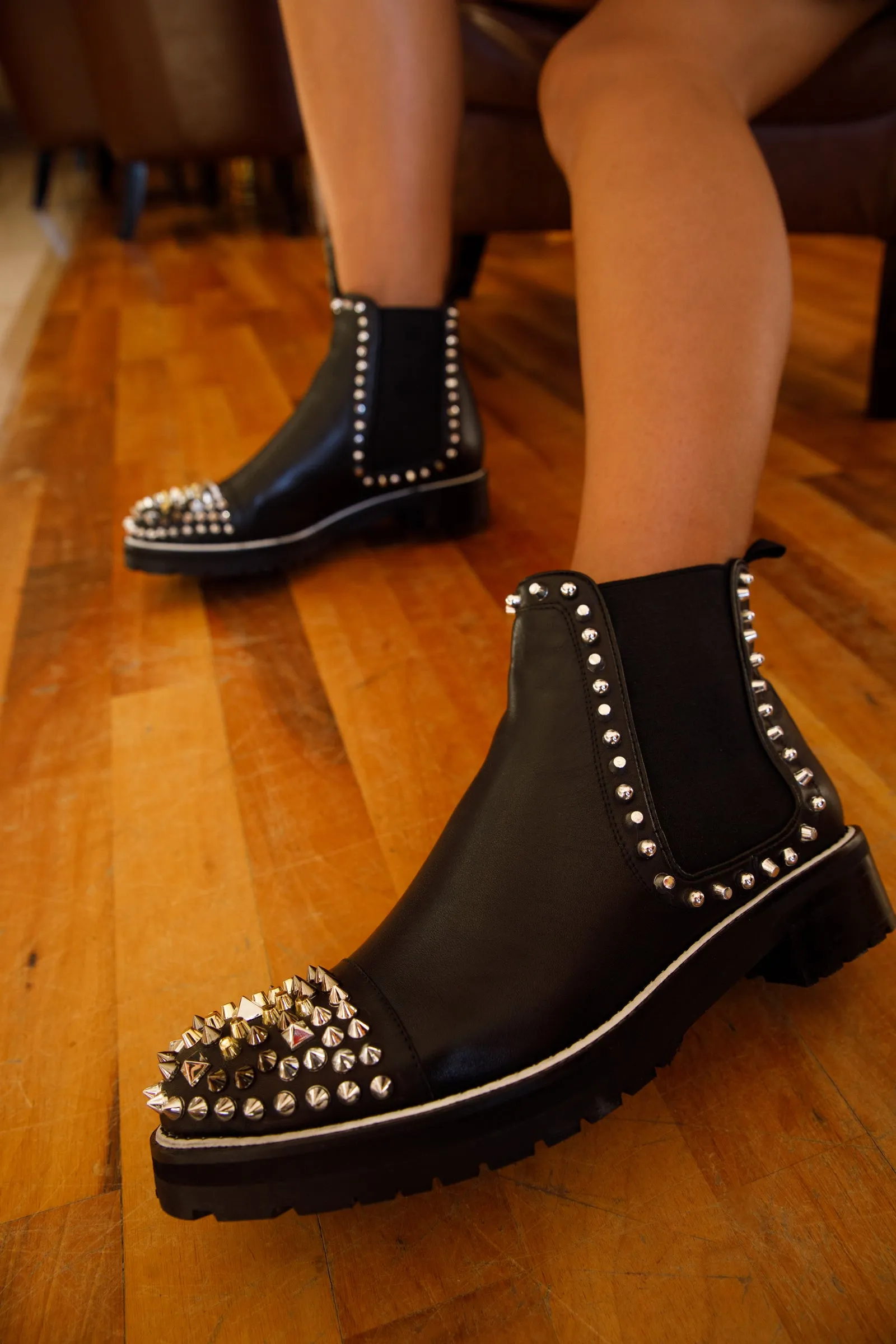 The Vuvulane Black Spike Leather Ankle Women Boot