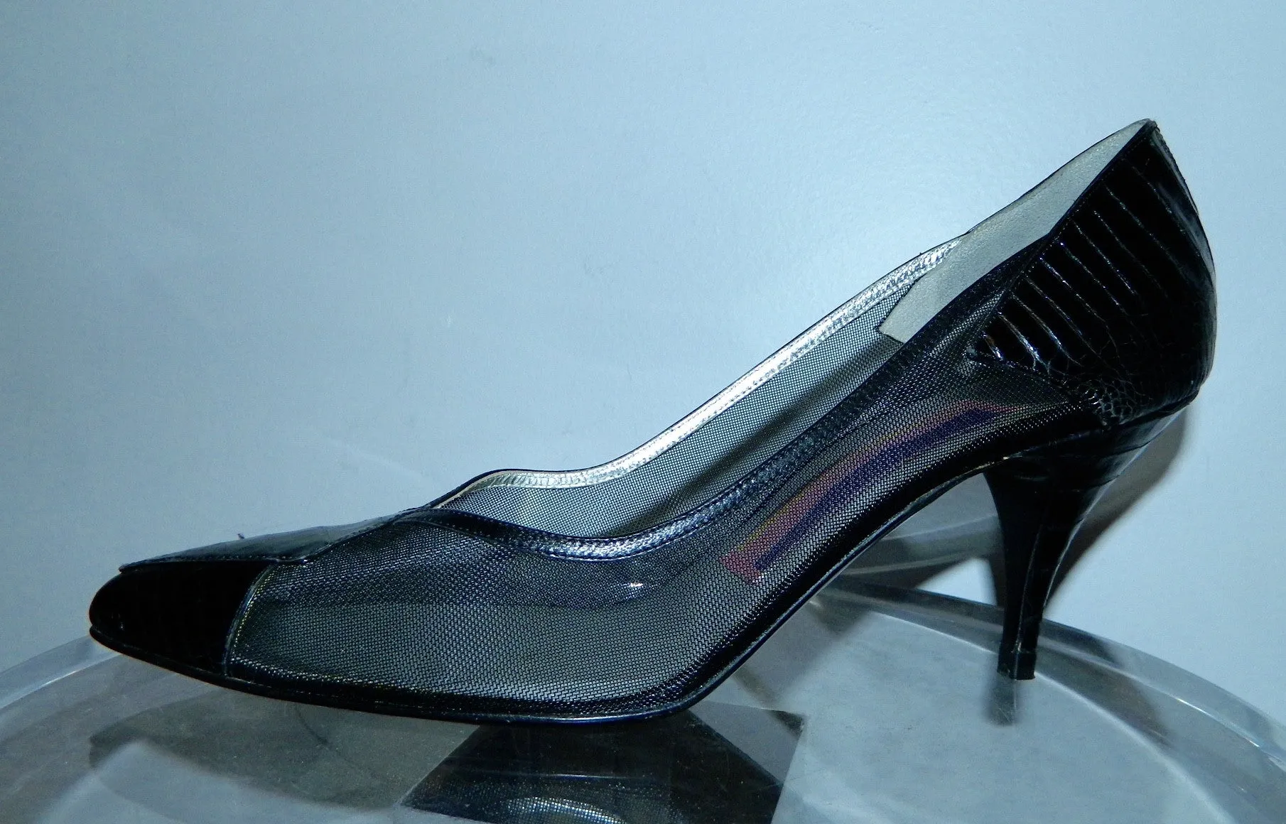 vintage black heels 1980s  Susan Bennis Warren Edwards Tegu lizard 9 1/2 B