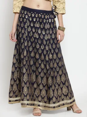 Women'S Navy Blue Printed Embellished Flared Skirt