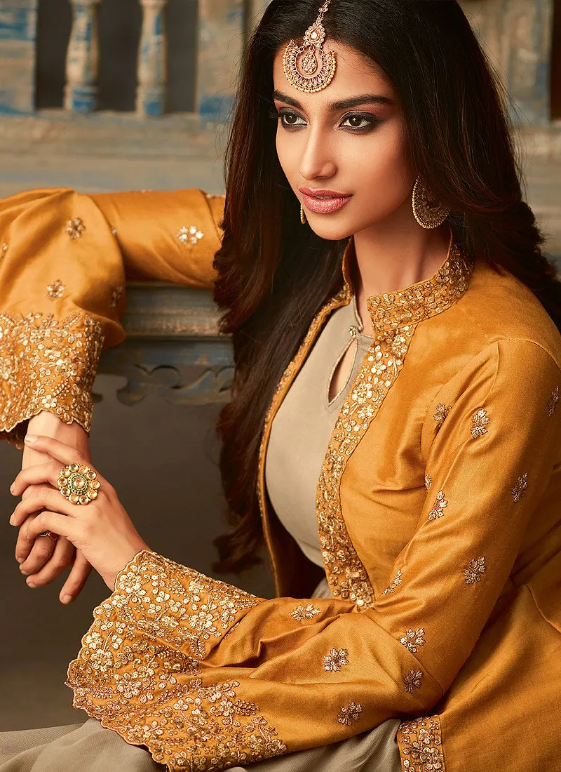 Yellow And Beige Jacket Anarkali Suit