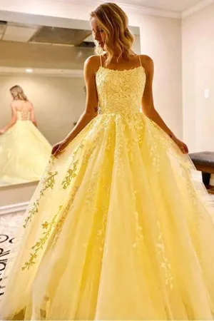 Yellow Long Prom Dress with Appliques Princess Formal Dress PSK194